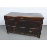 Georgian oak three panelled linen or blanket box, hinged lid and two drawers tot eh base with