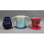Barum Barnstaple art pottery vase, Devonmoor pottery tyg and a Swedish art pottery vase, tallest