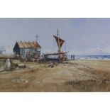 John Sutton (b.1935) 'Boat and Huts, Alderburgh', watercolour, singed and entitled and framed