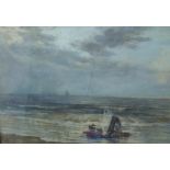 19th century watercolour of a Shore Scene with wreckage, signed indistinctly, under glass within a