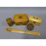 Small Tartanware circular box and a collection of Mauchline Ware items to include a page turner