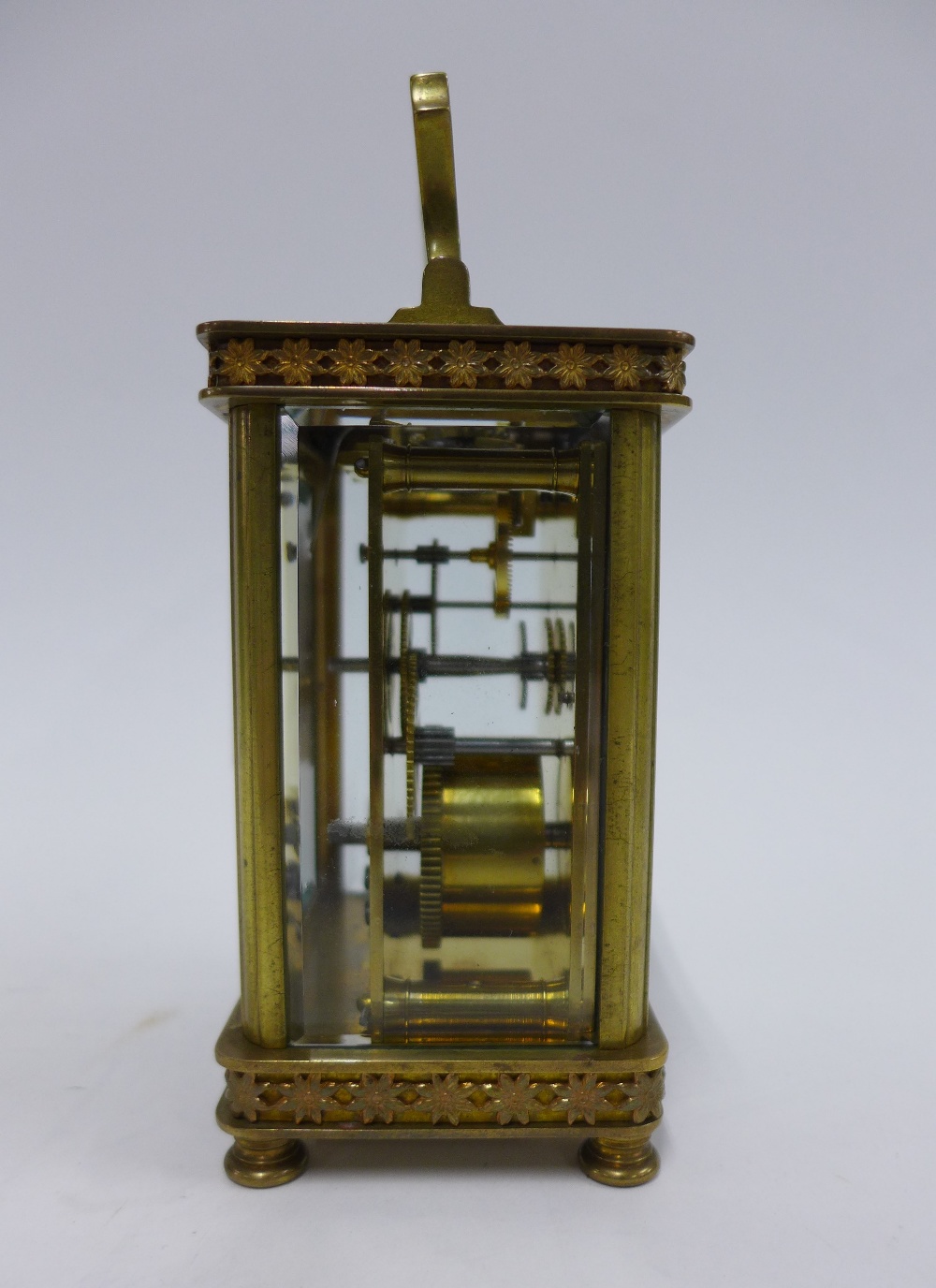 French carriage clock, brass case with glass panels, enamel dial with Roman numerals, inscribed - Image 3 of 4