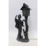 Meiji bronze figural table lamp of a Geisha stood beside a dovecot, signed, 63cm high