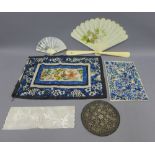 Collection of chinoiserie silk embroidered panels, faux ivory fan and others, etc (a lot)