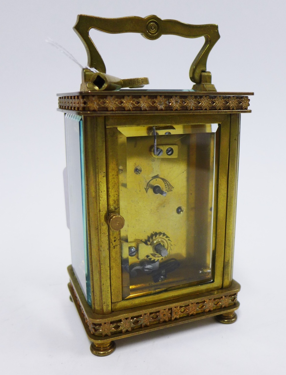 French carriage clock, brass case with glass panels, enamel dial with Roman numerals, inscribed - Image 4 of 4