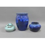 South Blue Hills, American pottery bowl, circa 1920's and an English blue glazed bowl and a vase,