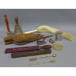 Mixed lot to include a collapsible Epns cup, vintage spirit level, ivory handled fly swat, miniature