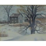 Irene Frazer Langford, watercolour of a cottage in a winter landscape, signed and framed under