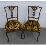 Pair of early 20th century mahogany and inlaid chairs with upholstered stuffover seats, 47 x 90cm (