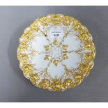 Meissen white glazed moulded dish with vine and berry gilt pattern, blue crossed swords mark