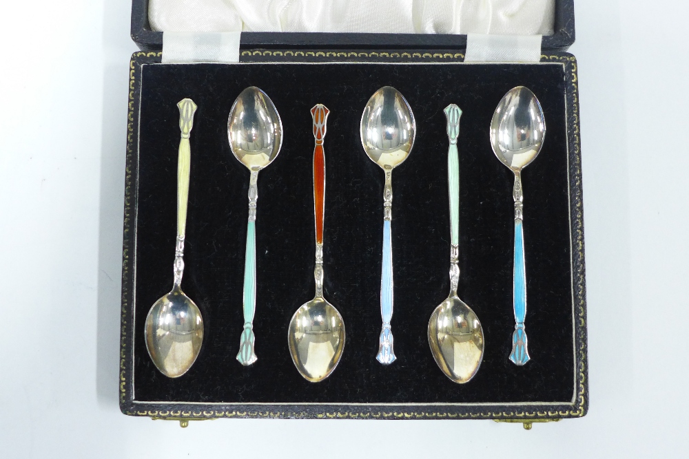 Cased set of six silver and harlequin enamelled spoons, Henry Clifford Davis, Birmingham 1952 (6) - Image 2 of 3