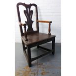 Provincial Scottish elm open armchair with a vasiform pierced splat, solid seat, square legs