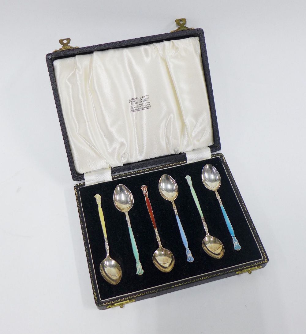 Cased set of six silver and harlequin enamelled spoons, Henry Clifford Davis, Birmingham 1952 (6)