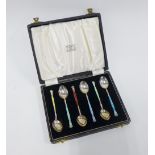 Cased set of six silver and harlequin enamelled spoons, Henry Clifford Davis, Birmingham 1952 (6)