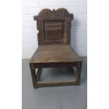 Child's stained pine and oak chair, scrolling top rail carved back and solid seat, square legs