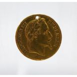 French Napoleon III gold 20 Francs coin, dated 1867, with a drill hole