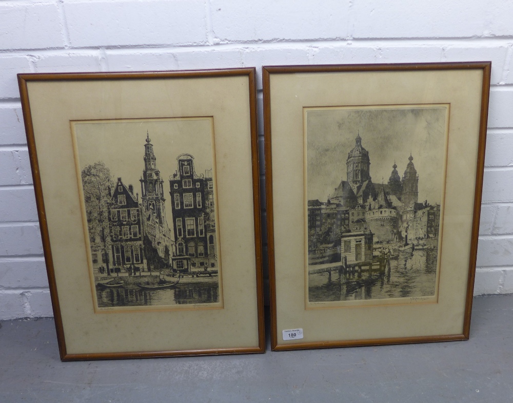 H.E Roodenburg, a pair of Amsterdam signed etchings, circa 1928, both framed under glass, 25 x 36cm