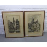 H.E Roodenburg, a pair of Amsterdam signed etchings, circa 1928, both framed under glass, 25 x 36cm