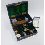 Victorian leather jewellery box containing a collection of silver and costume jewellery, etc