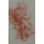 Red chalk on paper, a drawing of man playing pipes, unsigned, framed under glass, 13 x 22cm
