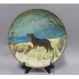 Watcombe Torquay pottery hand painted terracotta plate , signed with initials W.H.H, 27cm