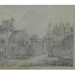 Pencil drawing print, of a View of an Entrance to the Chateau, framed under glass, 25 x 21cm