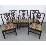 Set of five mahogany Chippendale style dining chairs, including one carver, with scrolling top rails