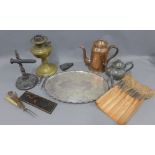 Carton containing mixed metal wares to include an Epns tray, coper oil lamp, pewter jug, Goffering