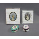 Two 18th century enamel patch boxes, 5cm long (a/f) and two faux ivory framed portrait miniature