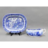 Staffordshire blue and white bordaloo and an Ironstone blue and white willow ashet (2)