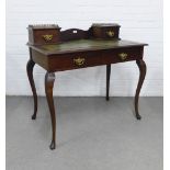 Mahogany ledgeback desk, with two jewel style desk with brass galleries, inset faux leather skivver,