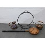 Mixed lot containing a metal log stand (54 x 58cm), and a copper bed warmer, jug and kettle. (4)