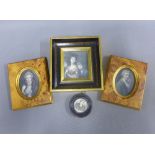 A collection of portrait miniature prints, two with walnut frames and a circular example, etc large