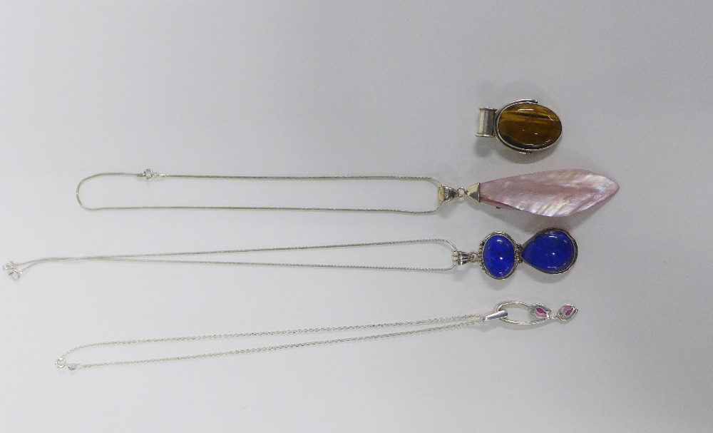 Four modern silver, shell and hardstone pendants, three on silver chains (4) - Image 2 of 2