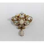 An Edwardian style 9ct gold, opal and garnet brooch, 4 x 4.5cm