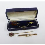 9ct gold and opal bar brooch, Victorian yellow metal tiepin and 9ct gold stone set stock pin, (3)