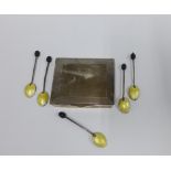 George V silver box, Chester 1926, 10cm and a set of five Birmingham silver and yellow enamel coffee