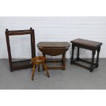 Mixed lot to include an oak stick stand with original metal drip tray, oak drop leaf table, oak