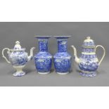 19th century Staffordshire blue and white transfer printed pottery to include a pair of Moore vases,