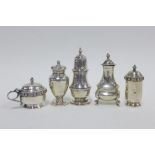 Various silver condiments to include one in the form of a sugar castor, etc, tallest 10cm, (5)