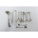 Various silver teaspoons, sugar tongs and an Epns sauce ladle, etc (a lot)