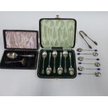 George VI cased set of six silver teaspoons, Sheffield 1941, Birmingham silver spoon and pusher