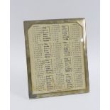 Edwardian silver frame perpetual calendar, Wright & Davis, London 1911, 16 x 20cm