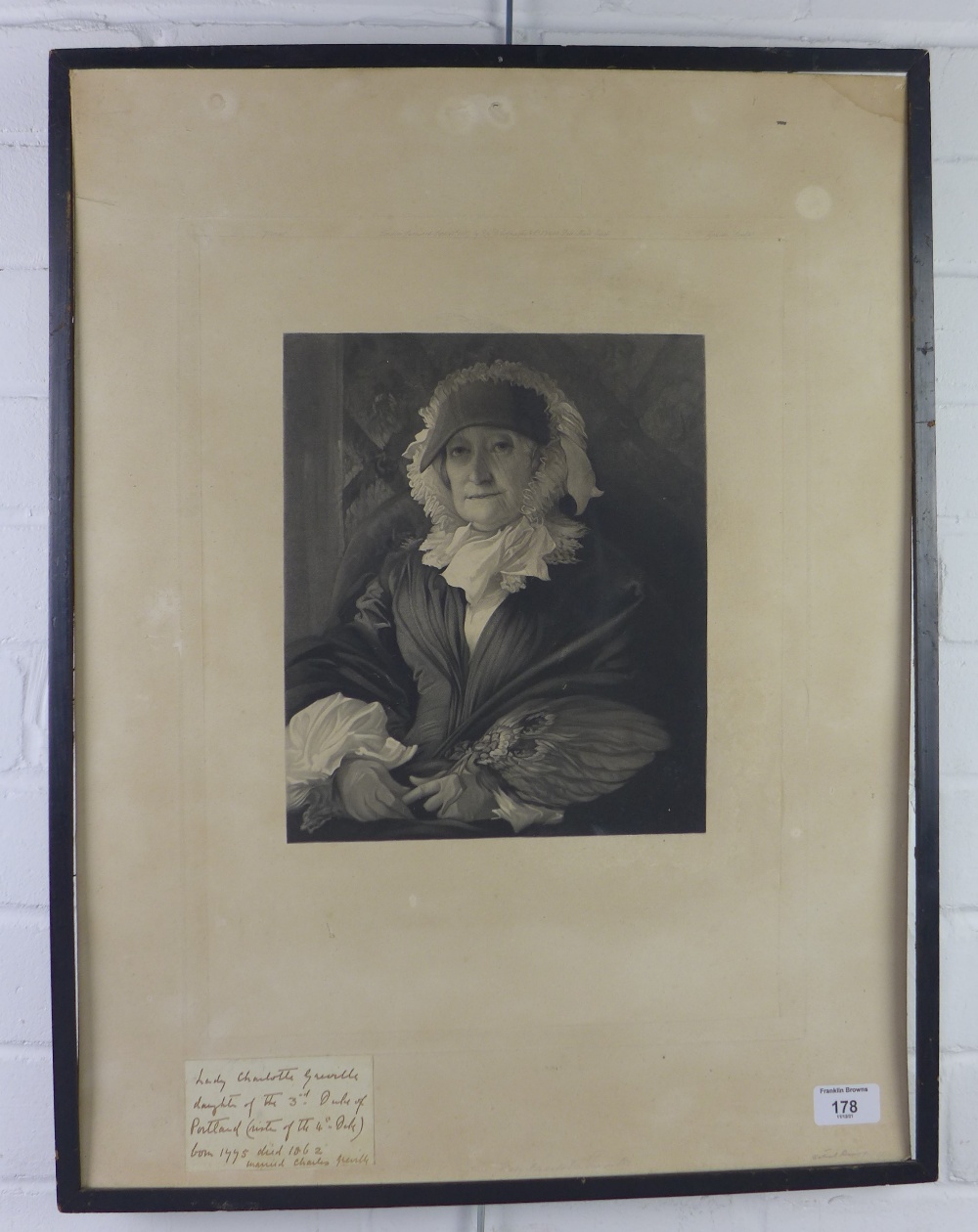 Lady Charlotte Grenville, 19th century artist proof print, framed but without glass (a/f) size