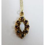 9ct gold, opal and garnet pendant on a 9ct gold trace link chain