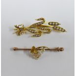 Victorian gold and pearl set bull rush brooch together with a Victorian gold and pearl set brooch