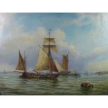 Charles De Lacey, an oil on canvas of a seascape with ships, signed, in an ornate frame, 80 x 60cm