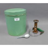 Vintage kitchenalia to include a green enamel tin, whisk, egg timer and measuring spoons, etc (a