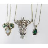 A group of three opal mounted necklaces, set in silver (3)