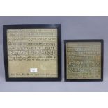 18th century alphabet sampler, worked by Frances Julia Smith, Feb 24th 1785, 20 x 21cm, together